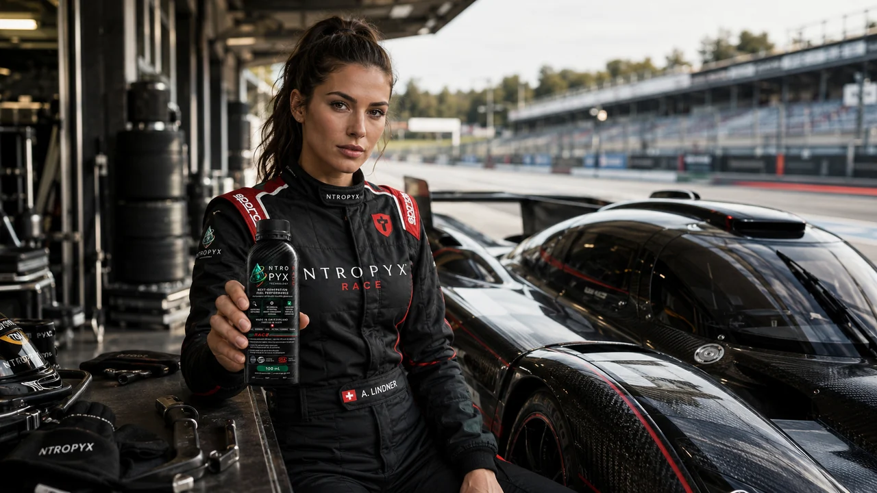 NTROPYX RACE bottle held by a driver beside a racing car in the pit lane