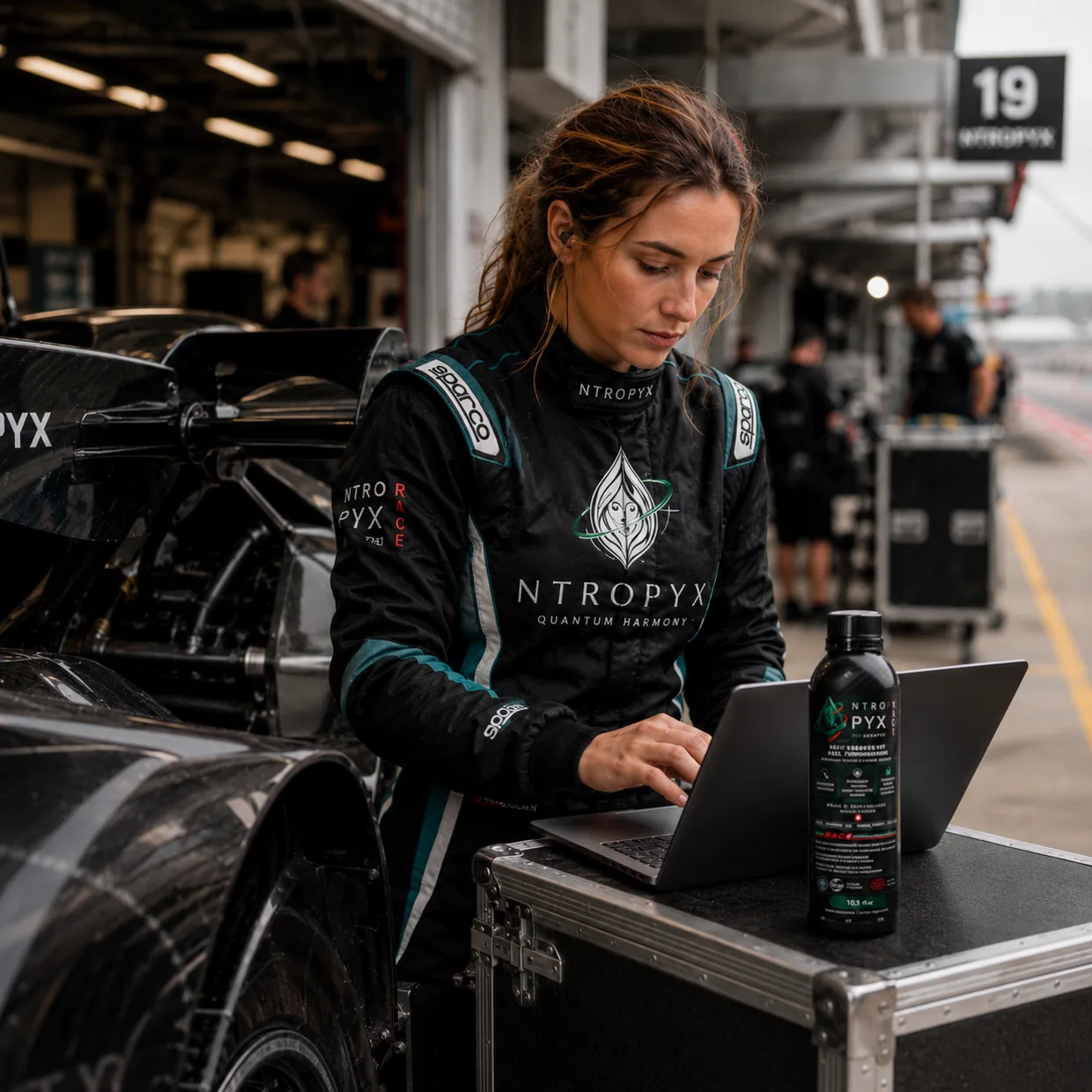 Race engineer checking measurements beside a NTROPYX Race bottle