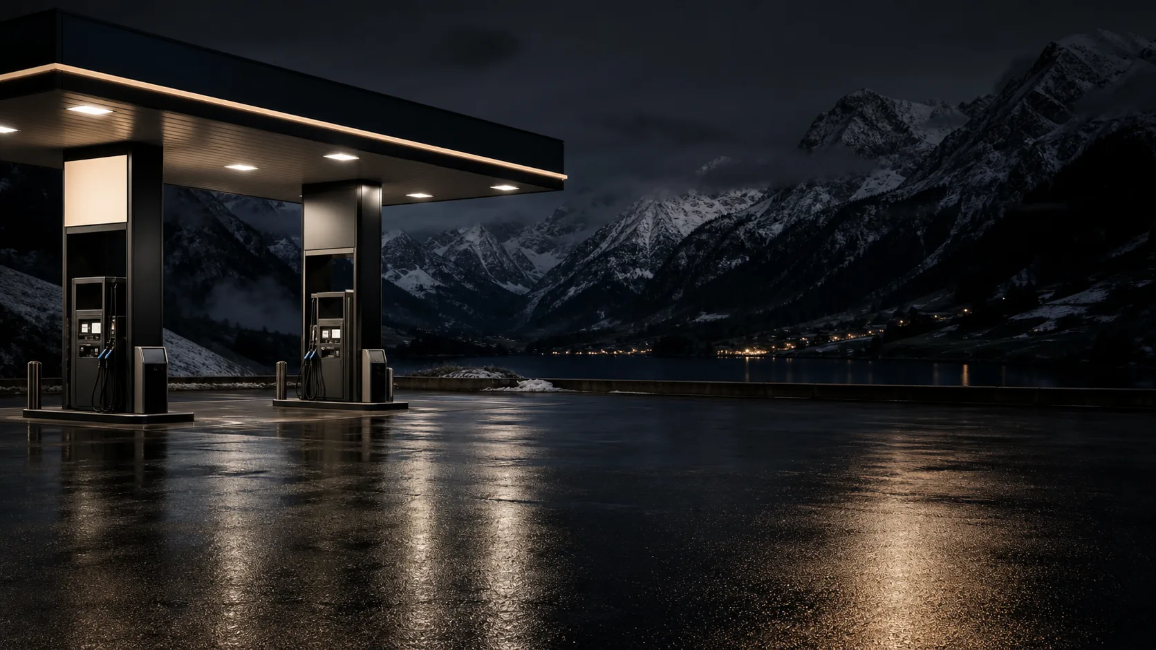 Premium alpine fuel station for cars and light vans at night