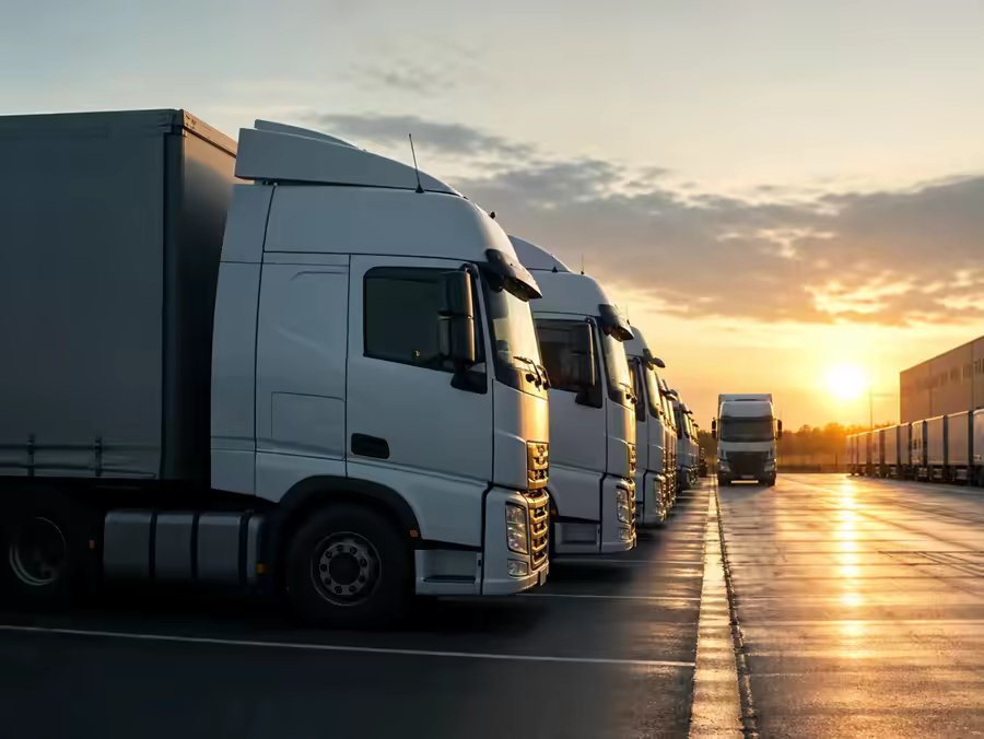 Heavy-duty truck fleet depot at dawn