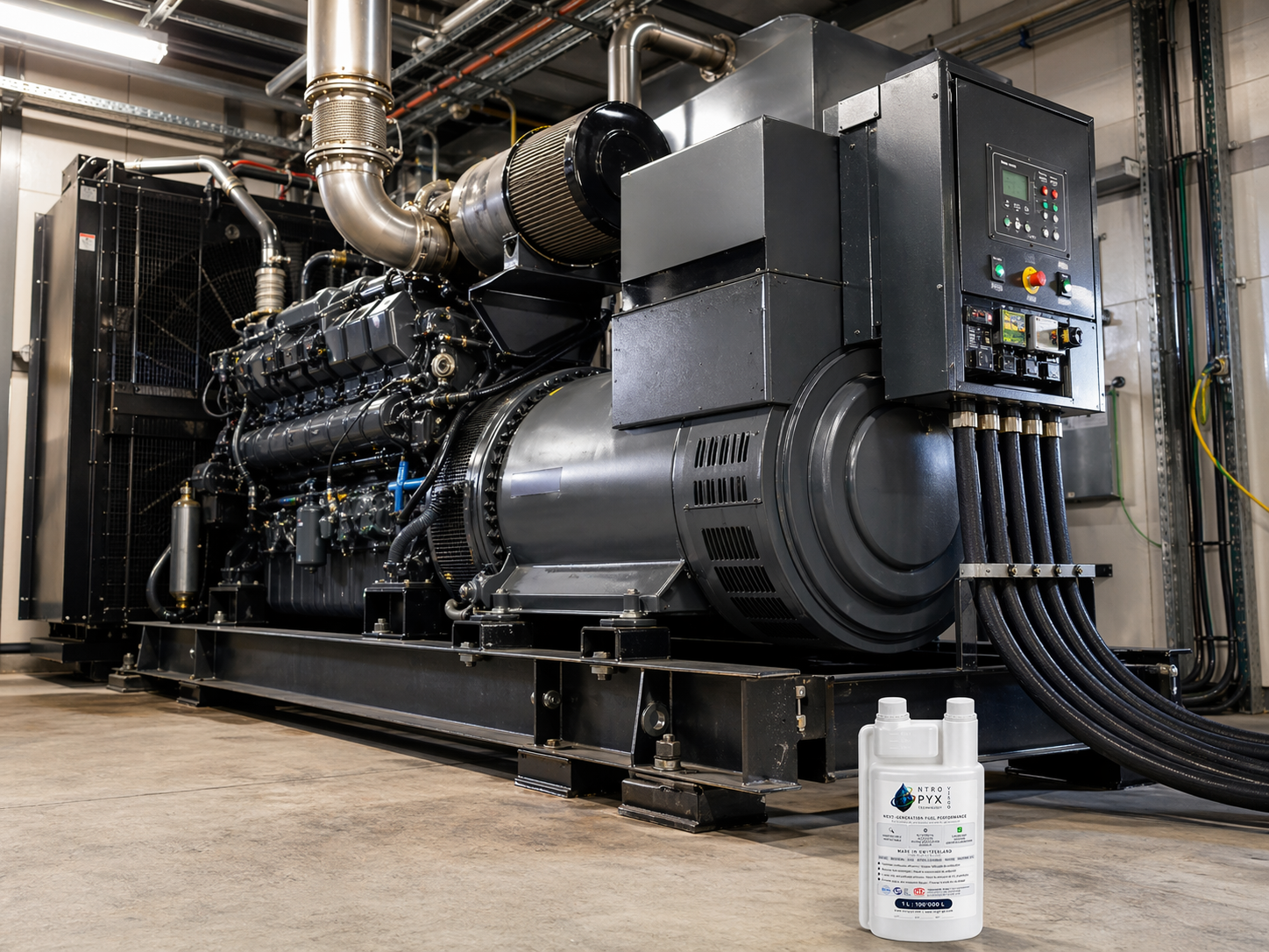 Diesel genset under load with NTROPYX&reg; dispenser bottle in the foreground