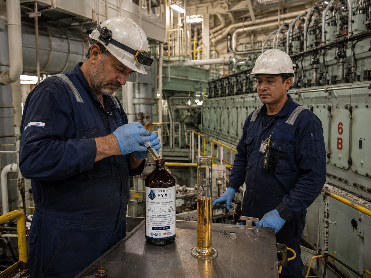 Engineers applying NTROPYX in fuel system onboard