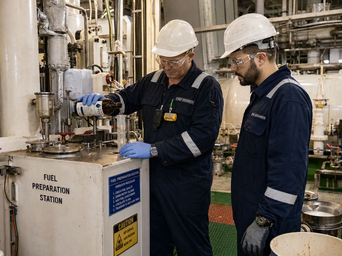 Fuel preparation station with NTROPYX dosing onboard ship